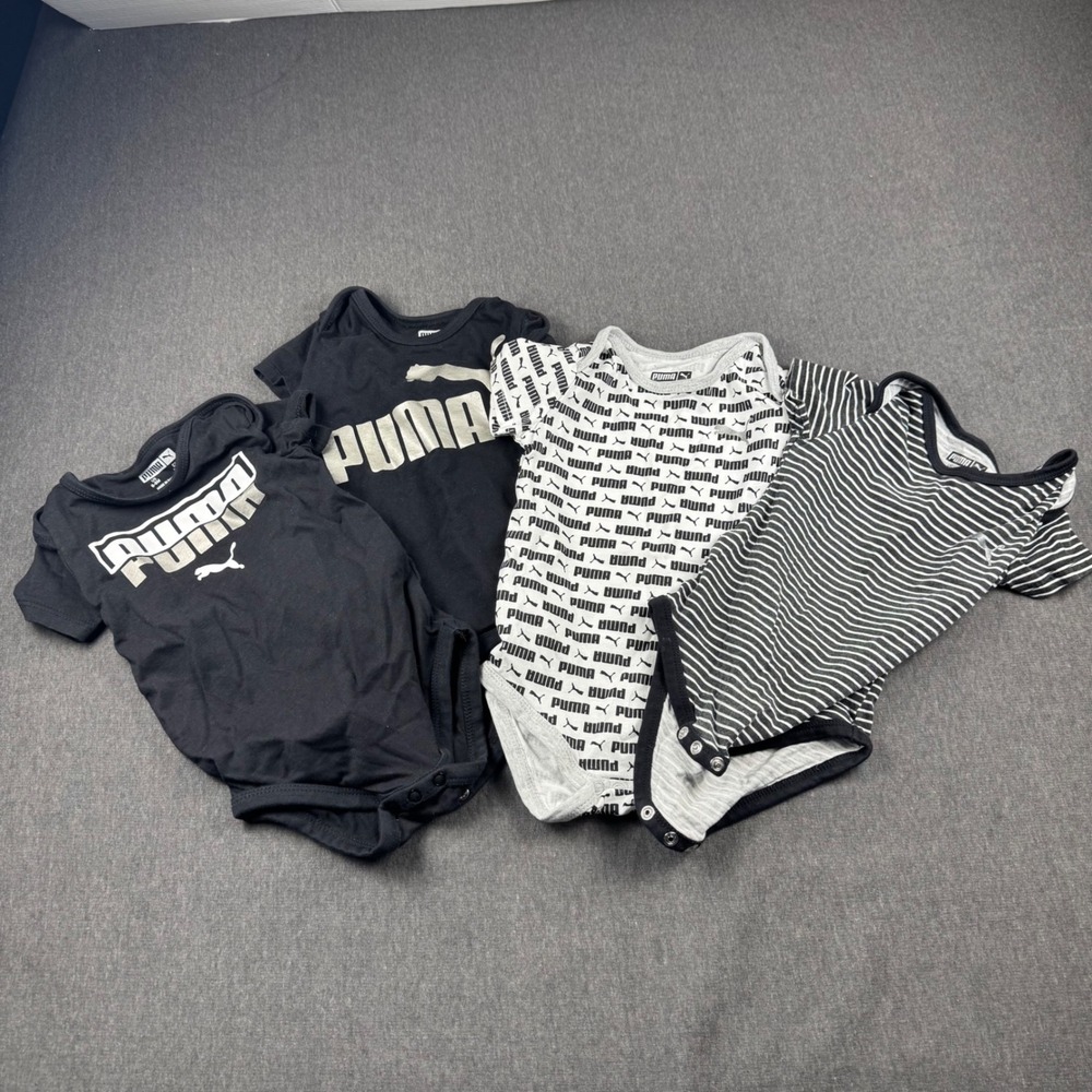 Puma Baby Bodysuits 6‎ 9 Months Lot 4 Black White Logo Stripes